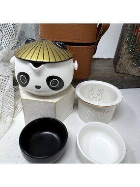 Panda Tea Set With Brown Faux Leather Travel Case Includes Strainer Lid & Bowls